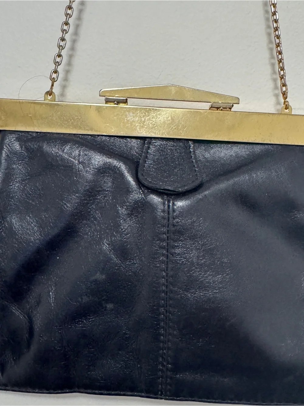 Letrice Vintage Black Leather Frame Clutch Shoulder Bag Gold Tone‎ Chain Purse